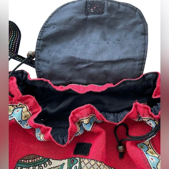 Tibetan Elephant Backpack Drawstring LARGE Red Multicolor Colorful - Picture 6 of 12
